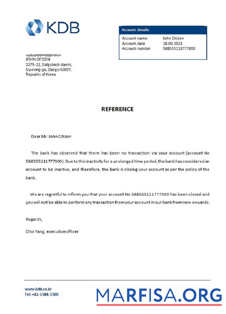 Realistic Korea KDB bank closure reference sample